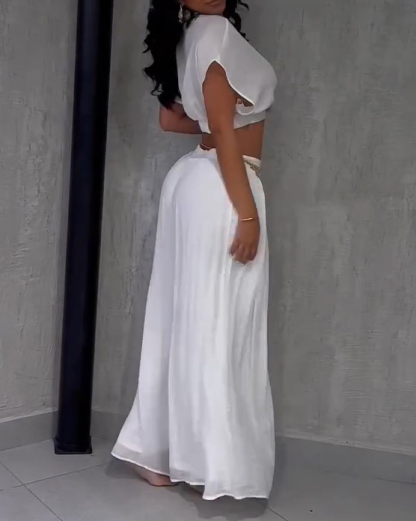 Casual Lapel Cropped Top Wide Leg Pants 2-Piece Set