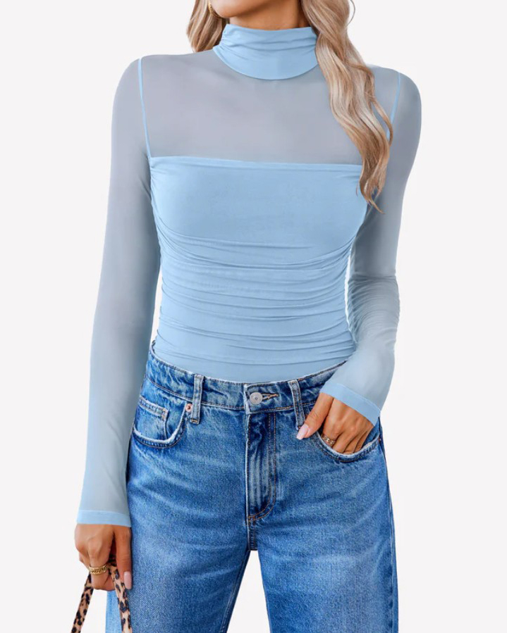 Ruched Sheer Mesh Slimming Shapewear Thong Bodysuit