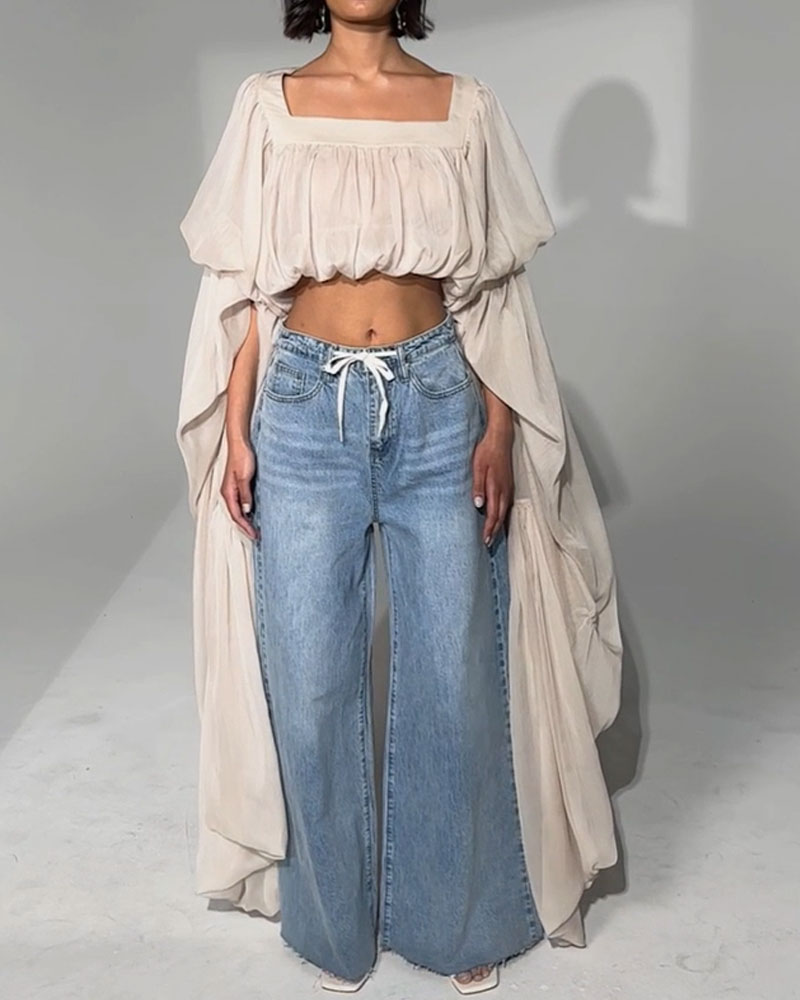 Square Neck Chiffon Ruffled Puff Sleeve Bubble Crop Top