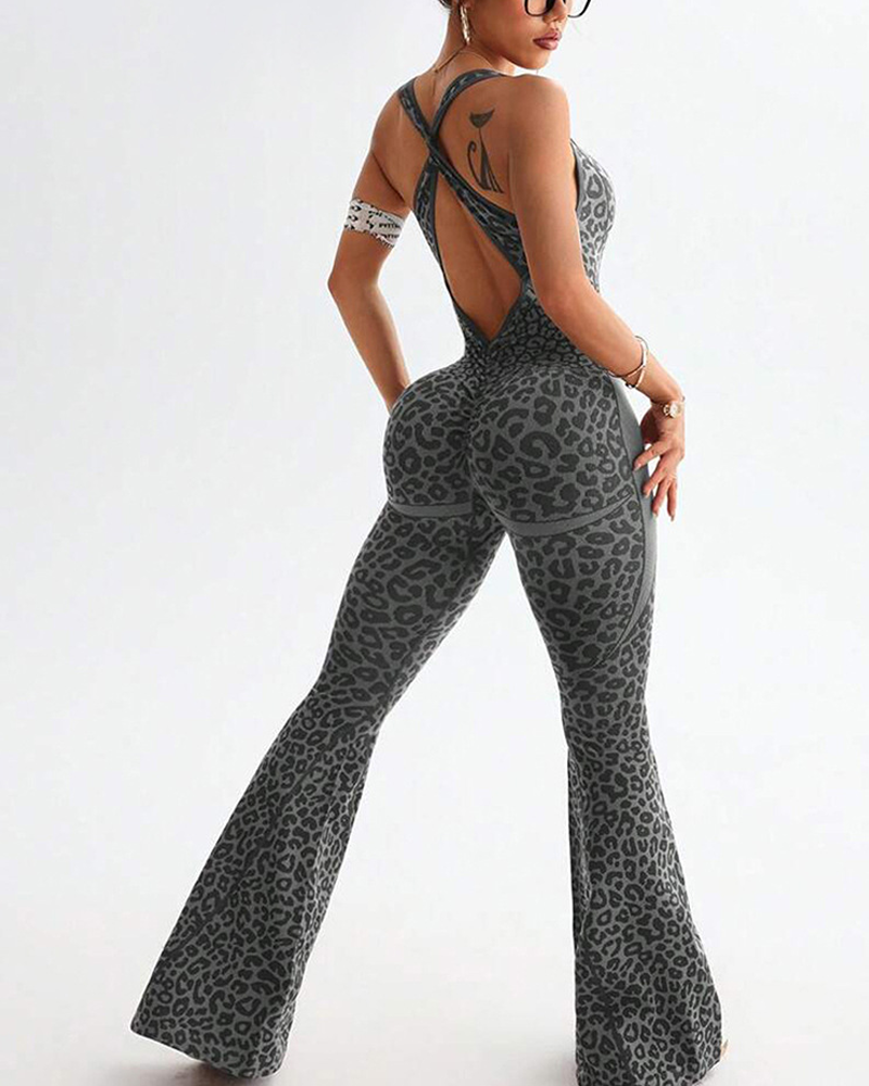 Leopard Print Criss-Cross Backless Seamless Flared Jumpsuit