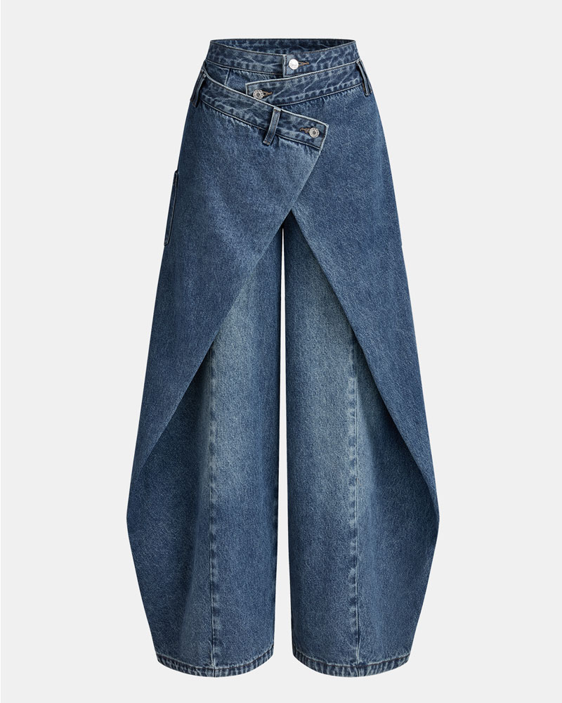 Denim Cross-Front Asymmetric Button Wide-leg Jeans