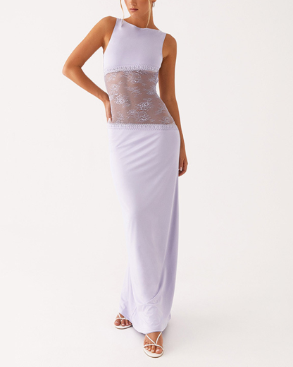 Sexy Slim Lace Satin Patchwork Backless Maxi Dress