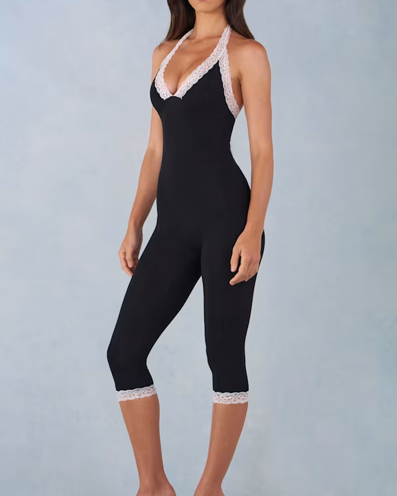 Stylish And Slim-Fit Modal Lace-Trim Capri Jumpsuit In Black（Pre-Sale）