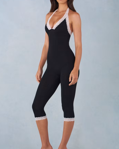 Stylish And Slim-Fit Modal Lace-Trim Capri Jumpsuit In Black（Pre-Sale）