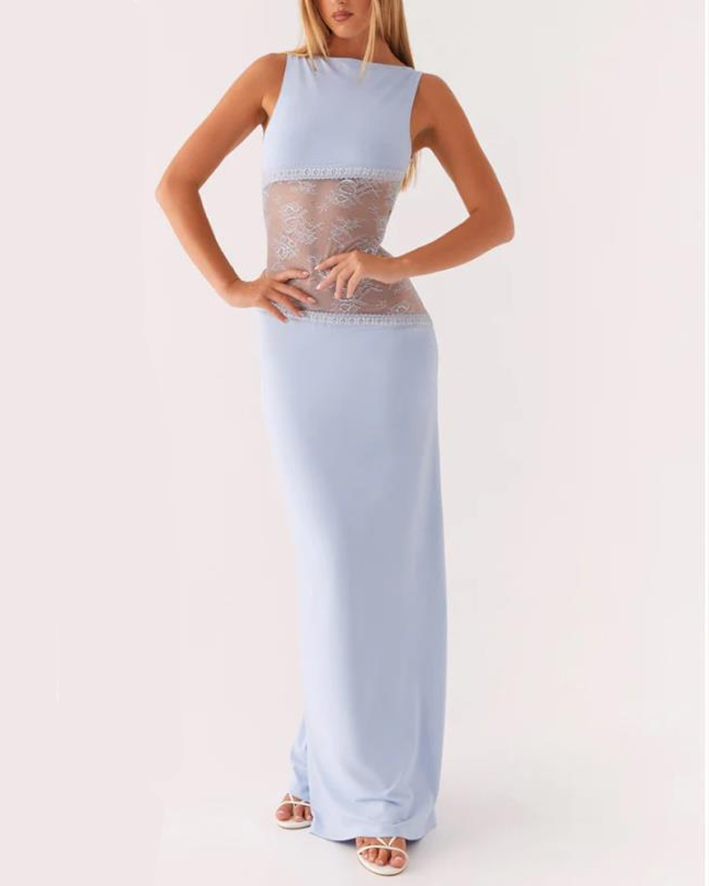 Sexy Slim Lace Satin Patchwork Backless Maxi Dress