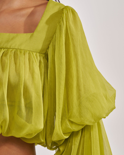 Square Neck Chiffon Ruffled Puff Sleeve Bubble Crop Top