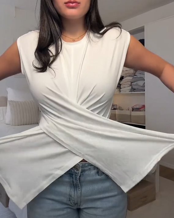 Casual Asymmetrical Criss Cross Back Tie Top For Women's Knitted Round Neck Drop Shoulder Sleeve T-Shirt