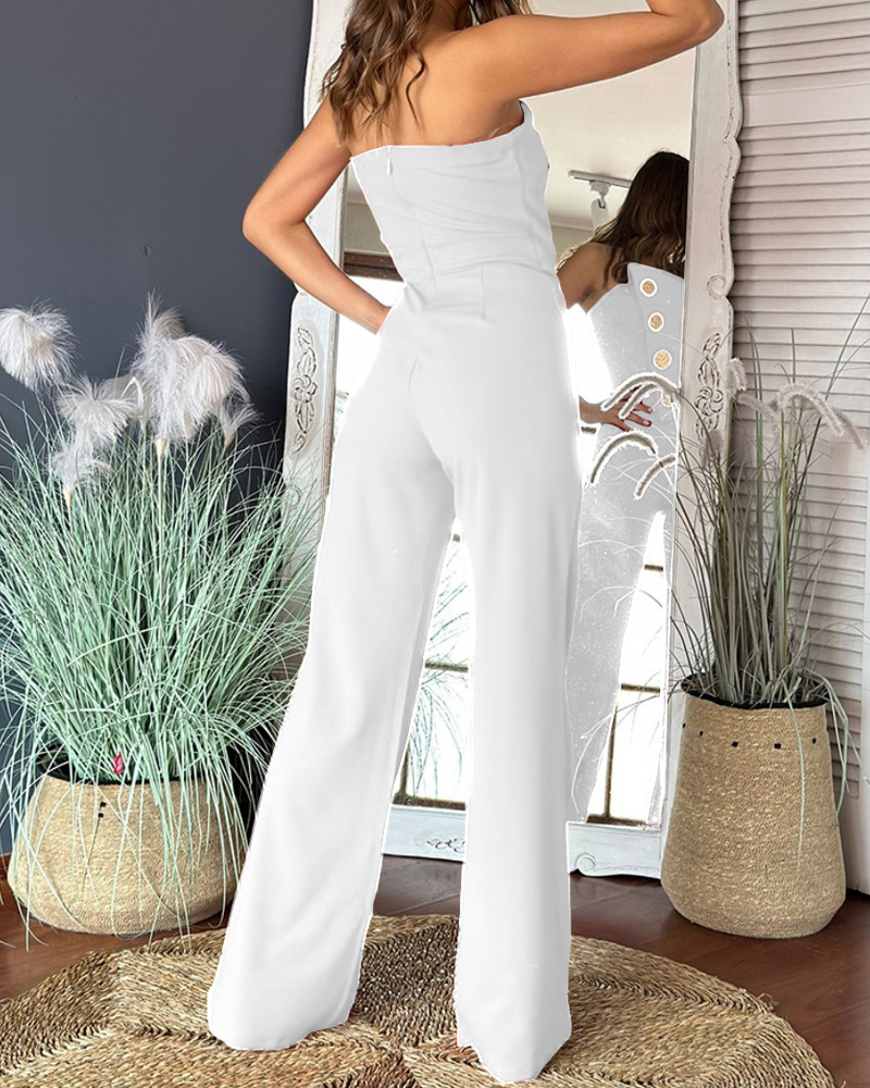 Sexy Tube Top Button-Decorated Flared Jumpsuit