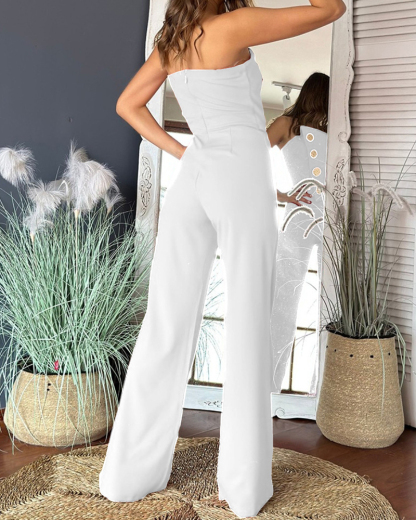 Sexy Tube Top Button-Decorated Flared Jumpsuit