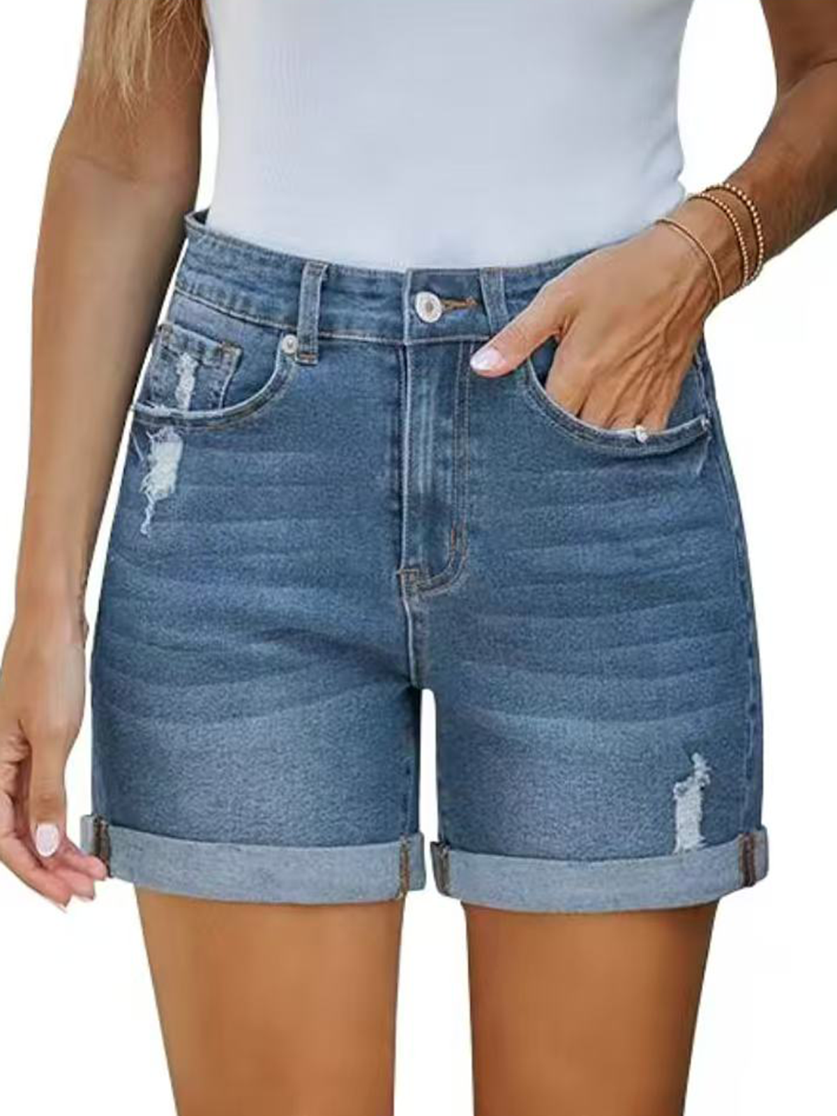 High Waisted Distressed Rolled Up Denim Shorts