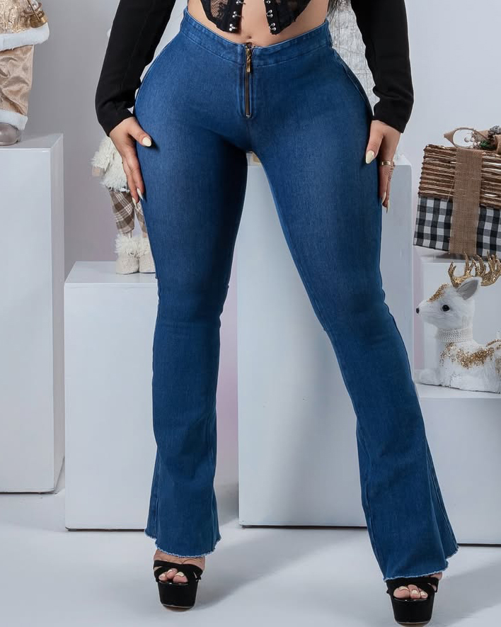 Front Zipper Frayed Skinny Flared Jeans
