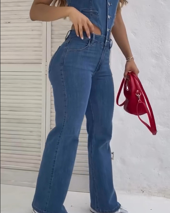 Womens Sexy Slim Fit High Waist Sleeveless Denim Jumpsuit