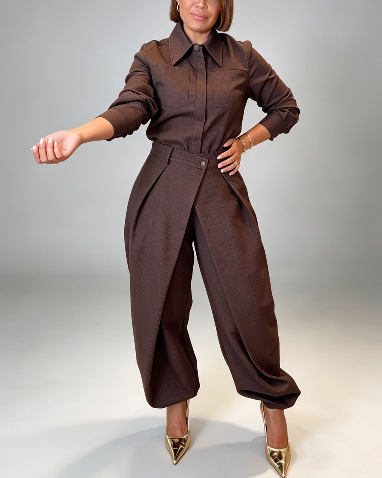 Long Sleeve Collared Button Down Shirt And Layered Wrap Style Harem Pants Set