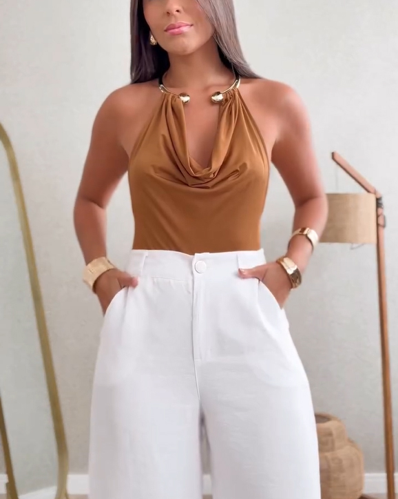 Metal Choker Backless Bodysuit