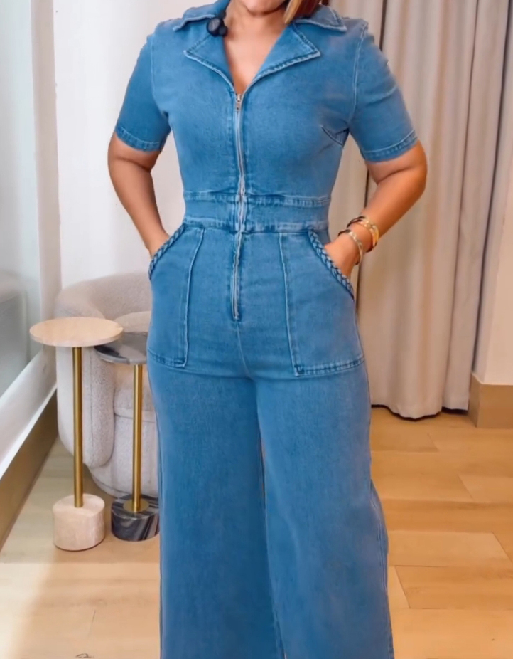 Women's Casual Short Sleeve Loose Straight Leg Demin Jumpsuits with Pockets