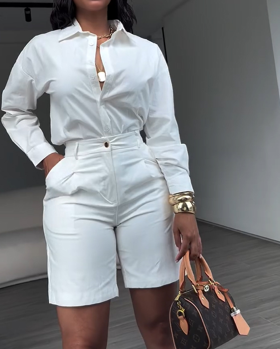2 Piece Sets For Women Elegant Button-Down Shirt Paired with Tailored Bermuda Shorts