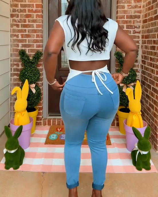 Casual Asymmetrical Criss Cross Back Tie Top For Women's Knitted Round Neck Drop Shoulder Sleeve T-Shirt