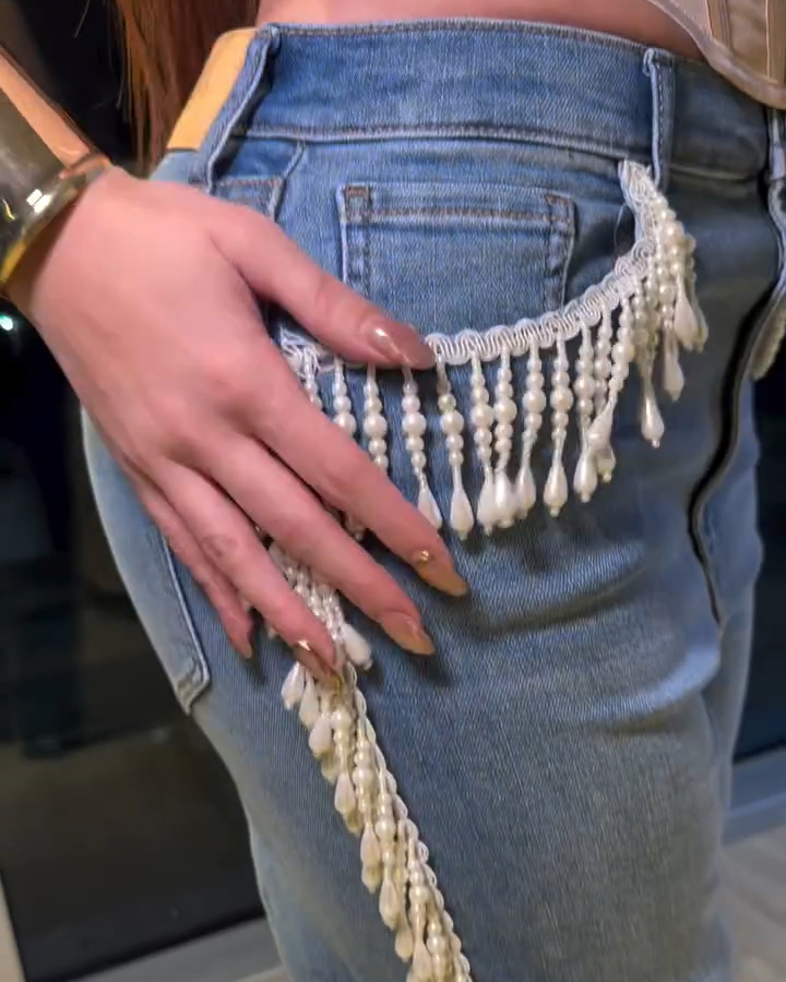 Women's Beaded Tassel Trim Straight Leg Jeans