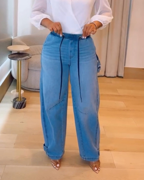 Women’s Casual Elastic Waist Straight Leg Baggy Drawstring Denim Jeans