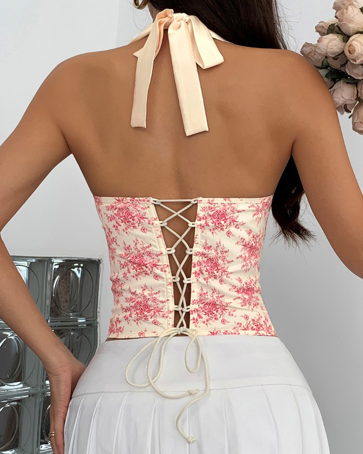 Sexy Print Halter Neck Tie Back Corset Top