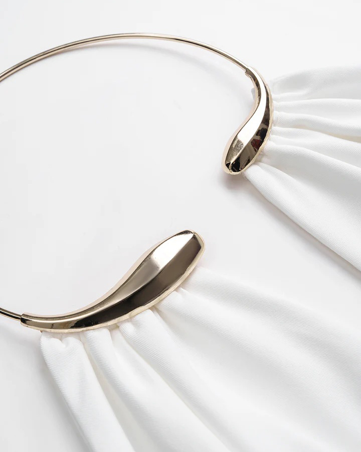 Metallic Decor Halter Neck Ruched Sleeveless Backless Bodysuit