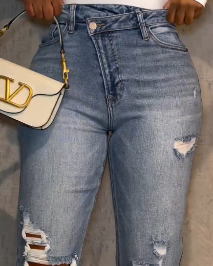 Fashion High-Waisted Oblique Buckle Ripped Skinny Jeans