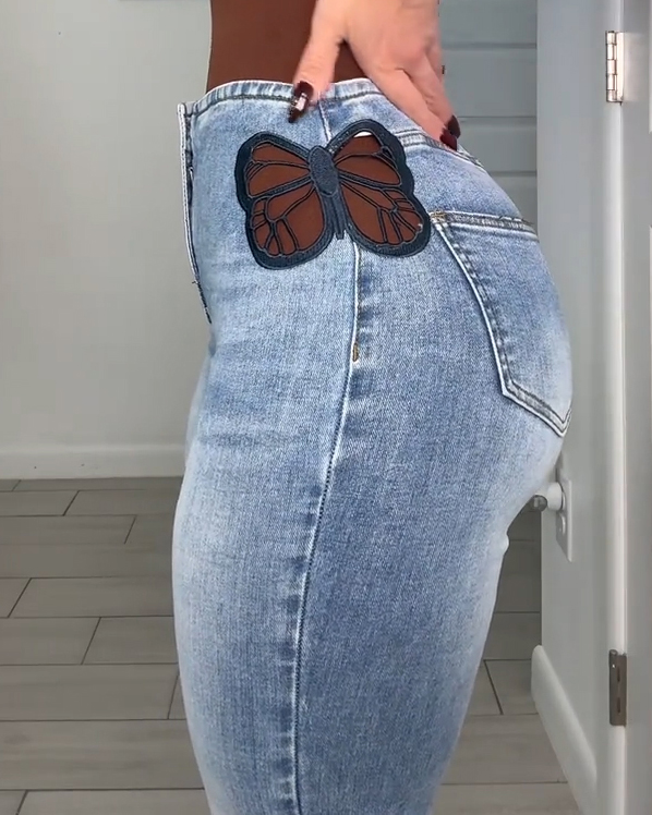 Women's Cutout Butterfly Slim-Fit Flared Jeans