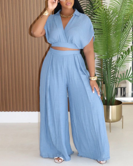 Casual Lapel Cropped Top Wide Leg Pants 2-Piece Set