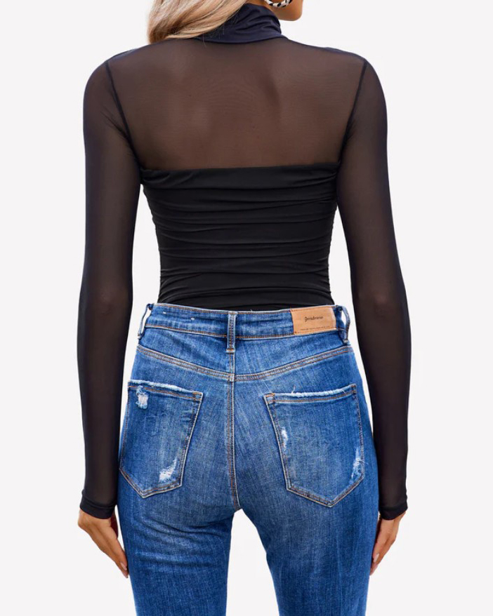 Ruched Sheer Mesh Slimming Shapewear Thong Bodysuit