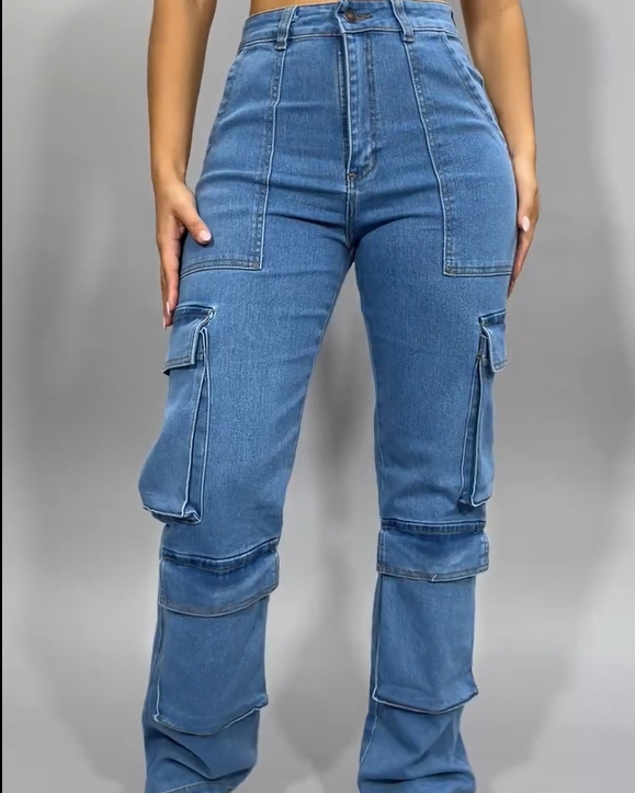 Women High Waist Straight Leg Trendy Stretchy Cargo Jeans