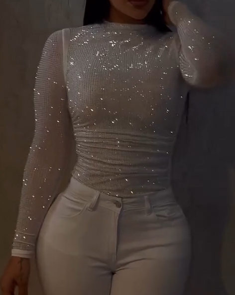 Fashionable Mesh Long-Sleeved Rhinestone Top