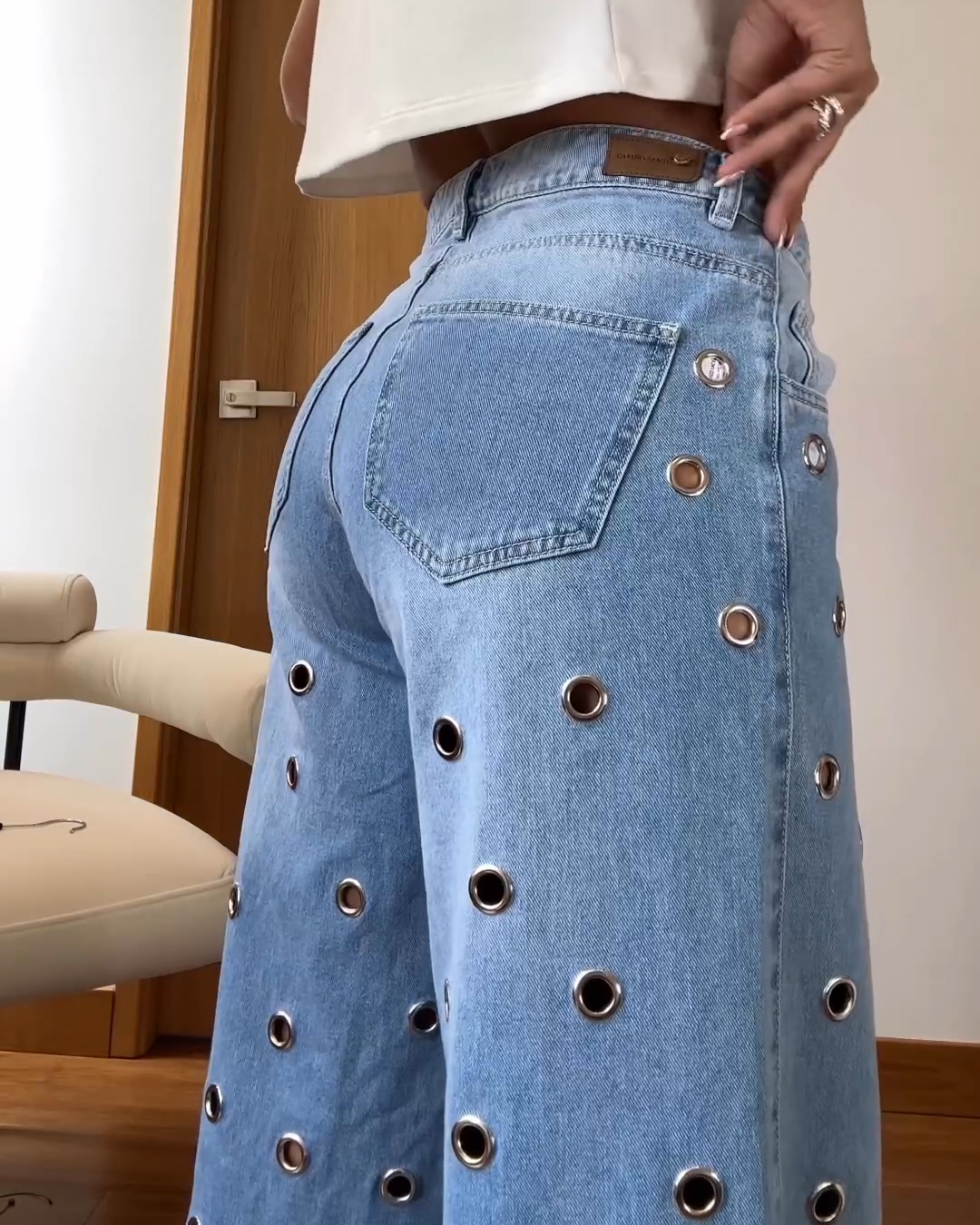 High Waist Palazzo Eyelet Wide-leg Jeans