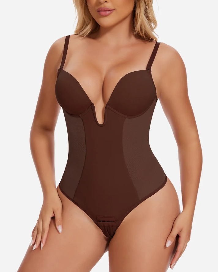 Deep V-Neck Backless Mesh Slimming Thong Bodysuit