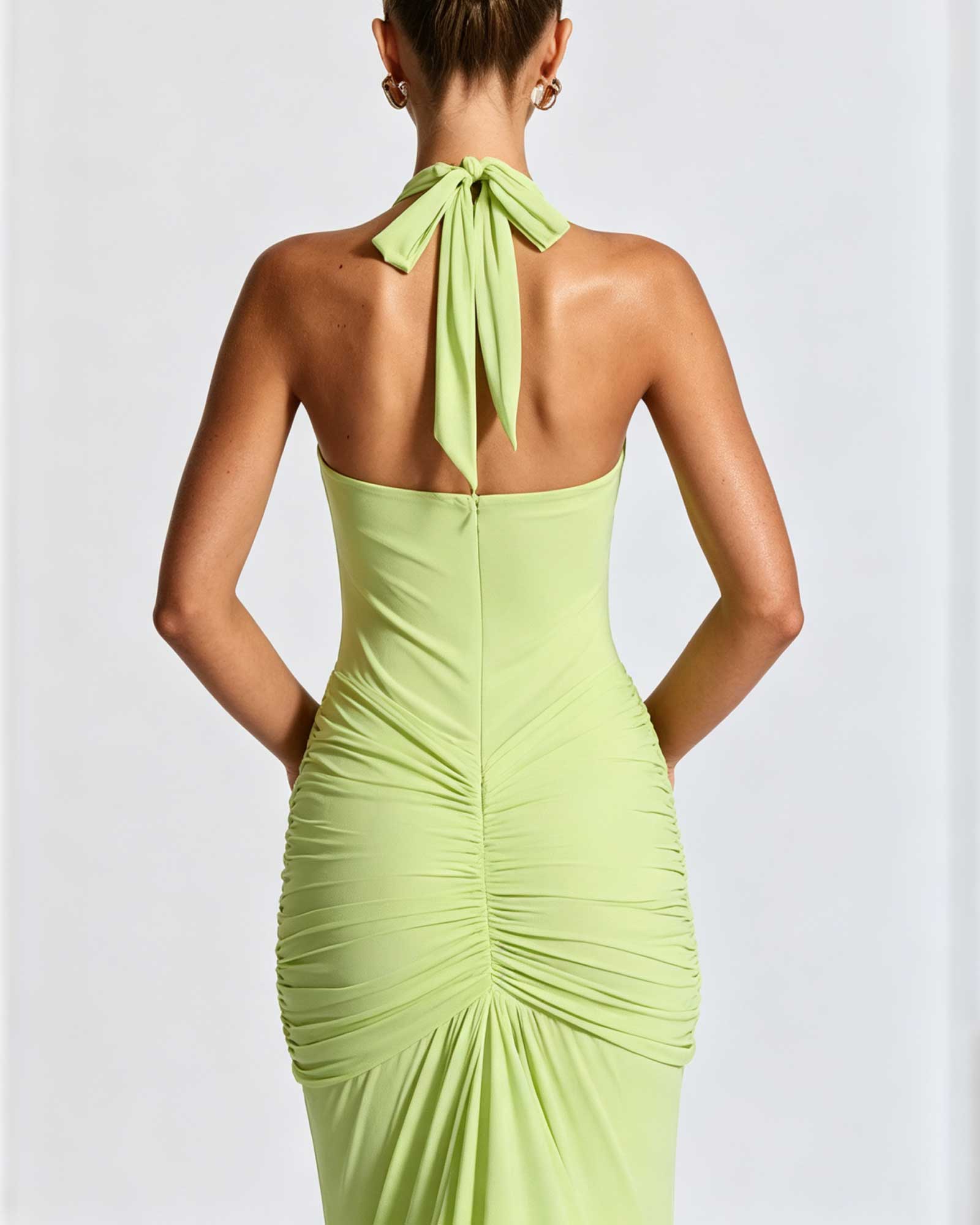 Sleeveless Deep V-Neck Draped Fitted Fishtail Maxi Dress