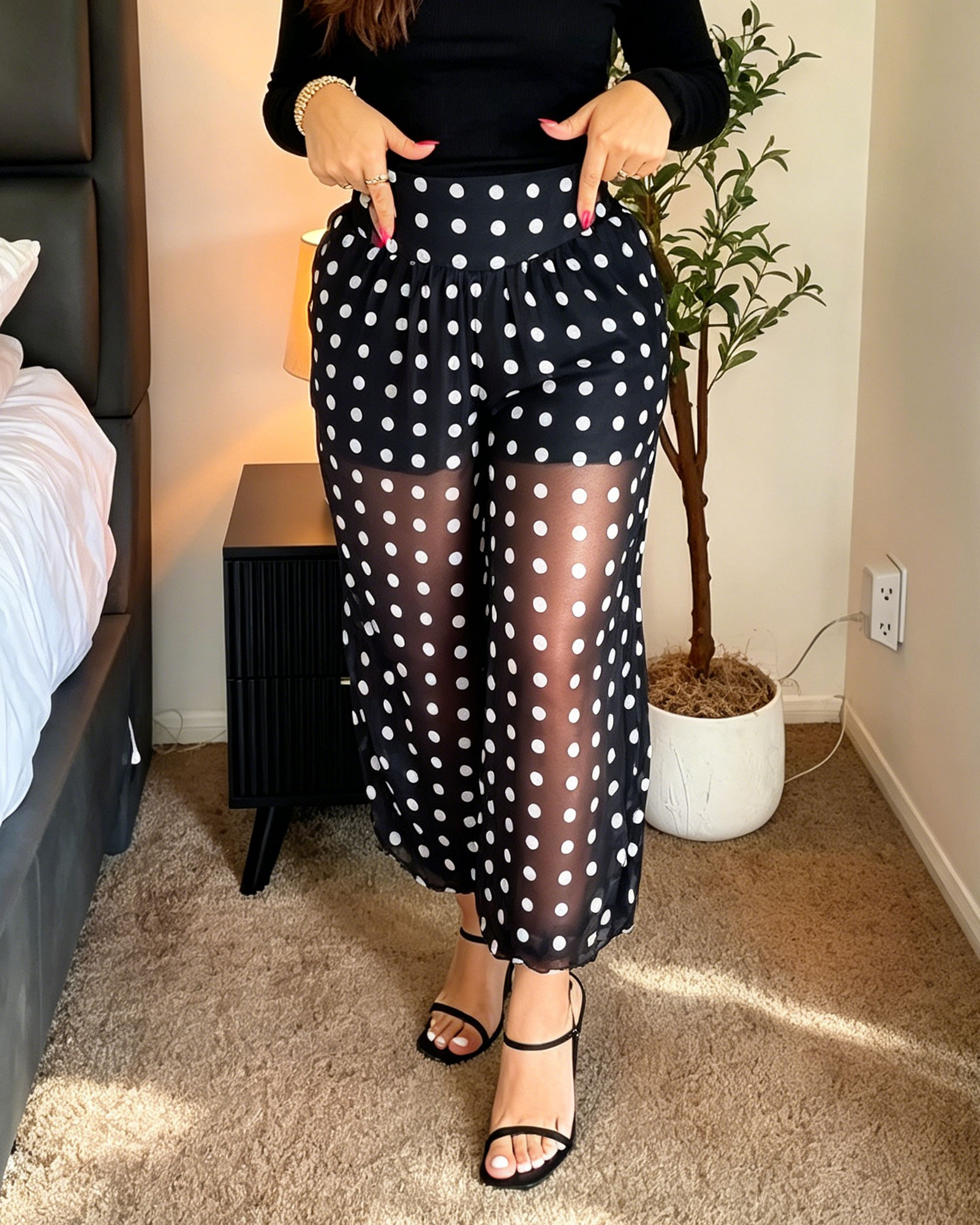 Polka Dot Sheer Mesh High Waisted Harem Pants