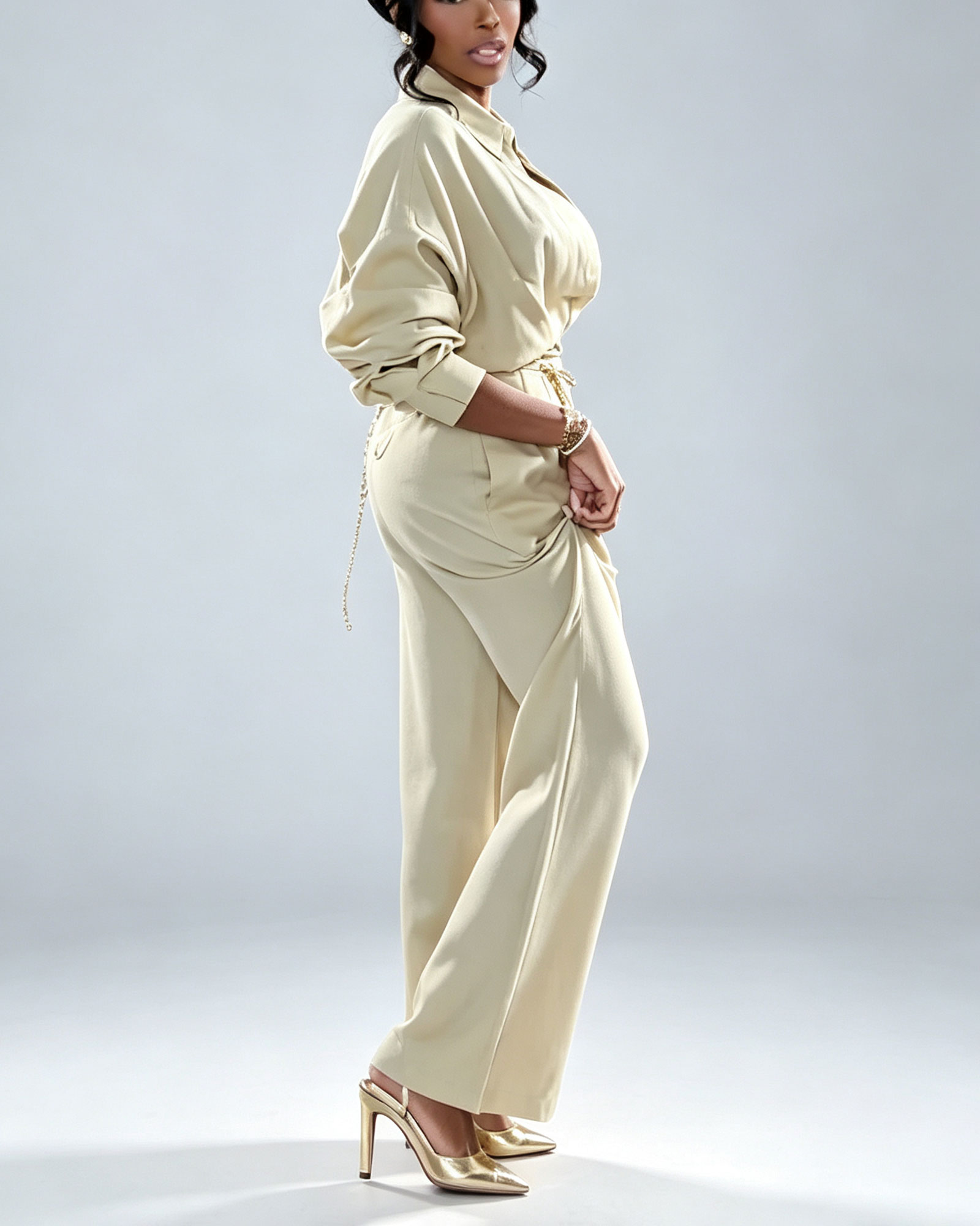 Cotton Linen Collared Long Sleeve Loose Wide Leg Jumpsuit