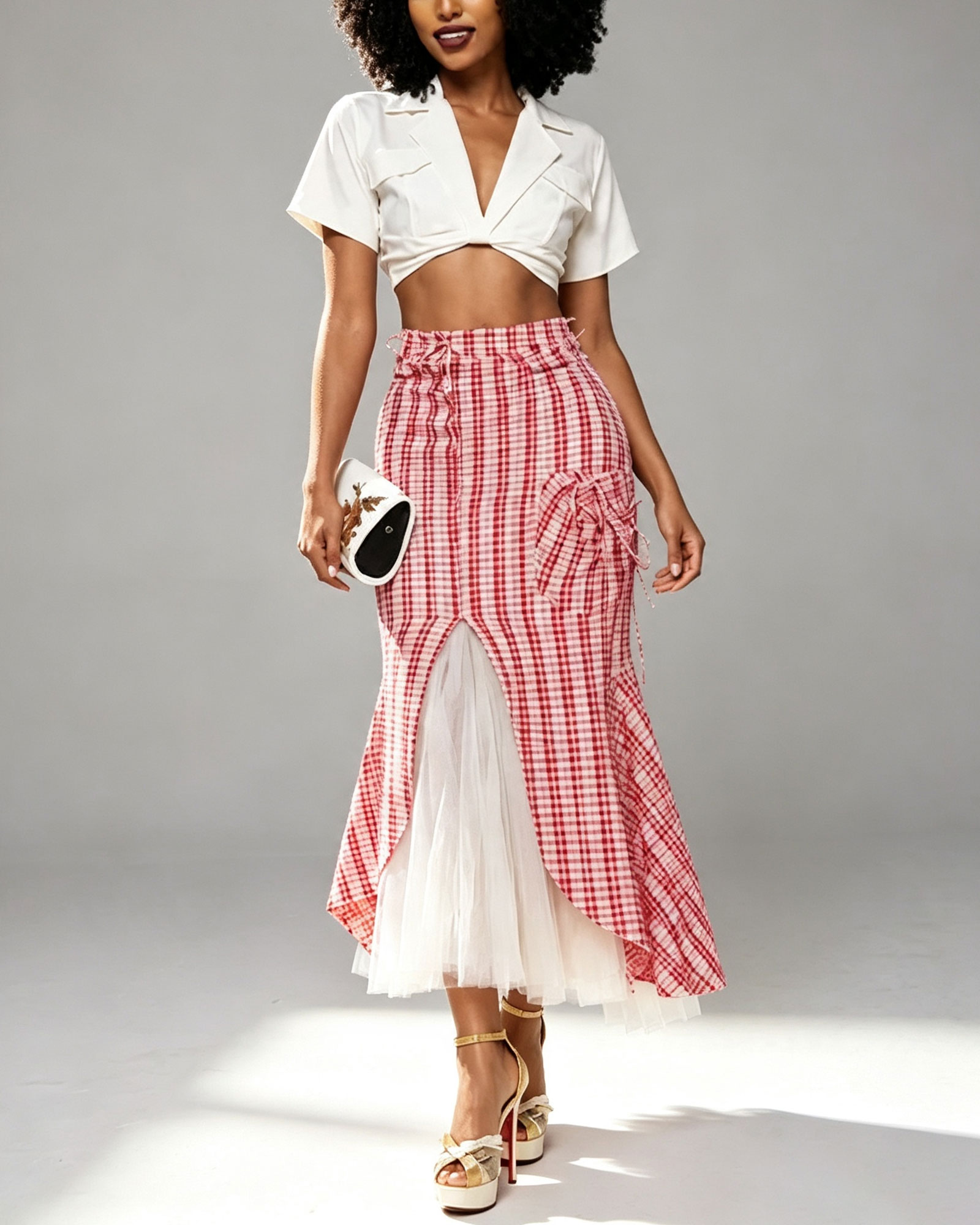 Irregular Plaid Skirt With Lace Splicing