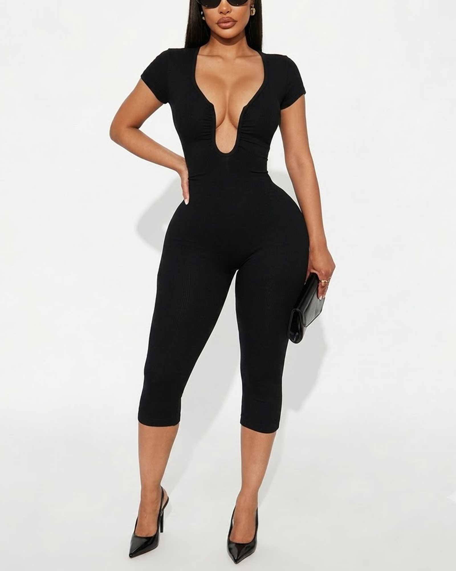 Ribbed Deep V-Neck Short Sleeved Knee Length Slim Fit Jumpsuit