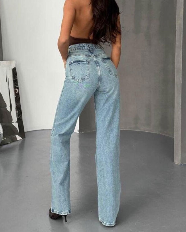 Washed Fabric Buttoned And Zipped Jeans