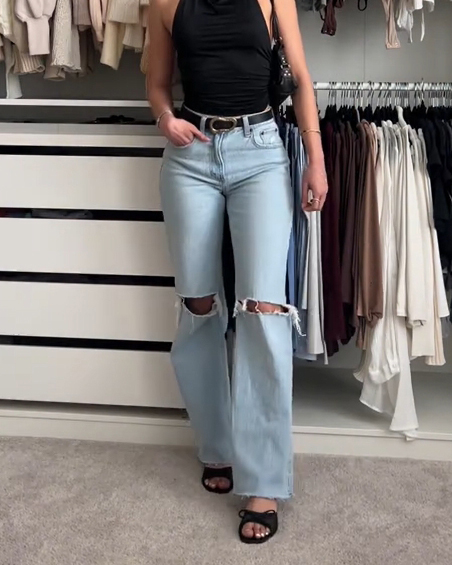 Womens High Waist Stretchy Ripped Distressed Tummy Control Straight Jeans