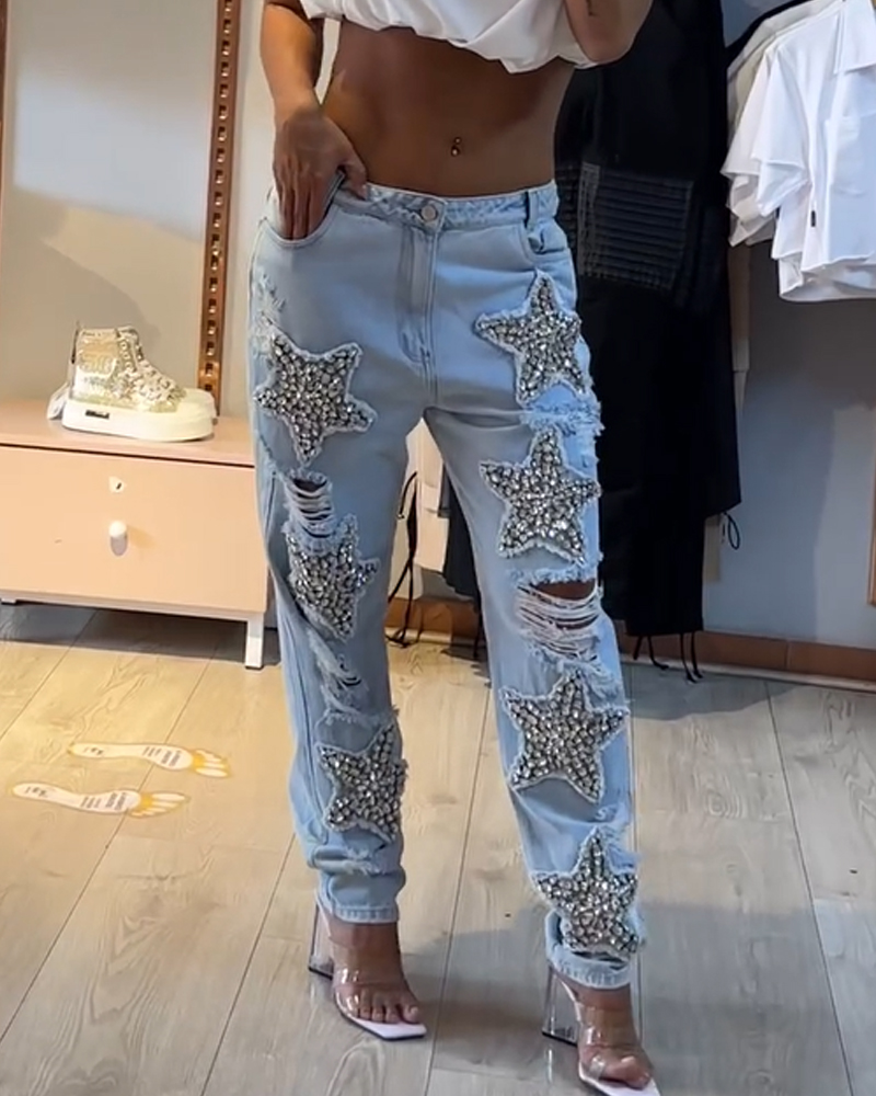Star Diamond Ripped Casual Jeans (Pre-Sale)