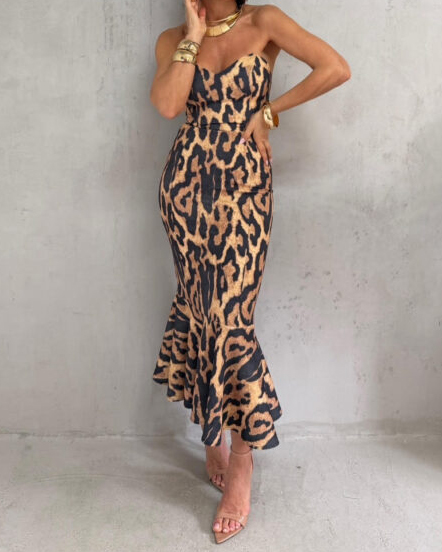 Leopard Print Strapless Bodycon Maxi Dress