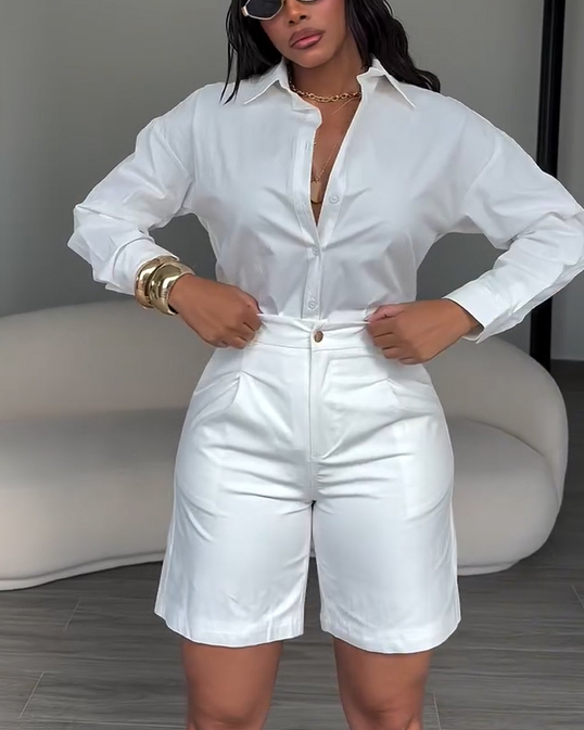 2 Piece Sets For Women Elegant Button-Down Shirt Paired with Tailored Bermuda Shorts
