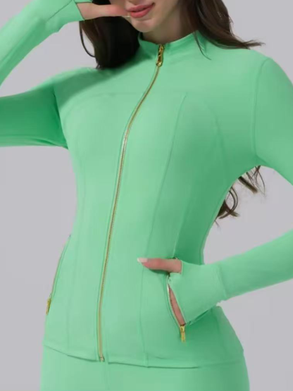 Body Shaping Yoga Set Gold Zip Up Jacket With Pockets