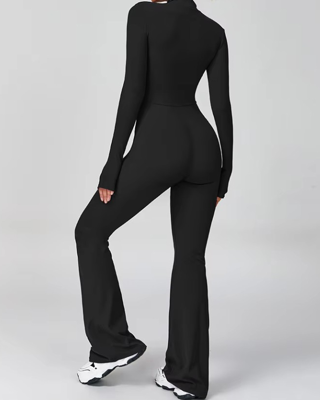 Front Zip Long Sleeve Bodycon Flare Jumpsuit