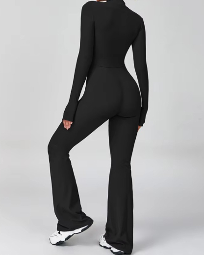 Front Zip Long Sleeve Bodycon Flare Jumpsuit