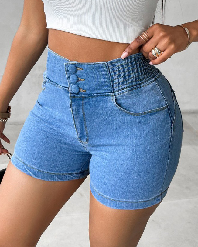 3-Row Button Slim Denim Shorts