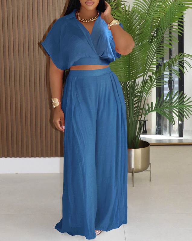 Casual Lapel Cropped Top Wide Leg Pants 2-Piece Set