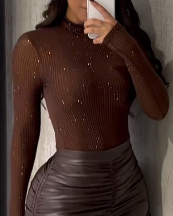 Women's Shiny Rhinestone Stand Collar Bodysuit