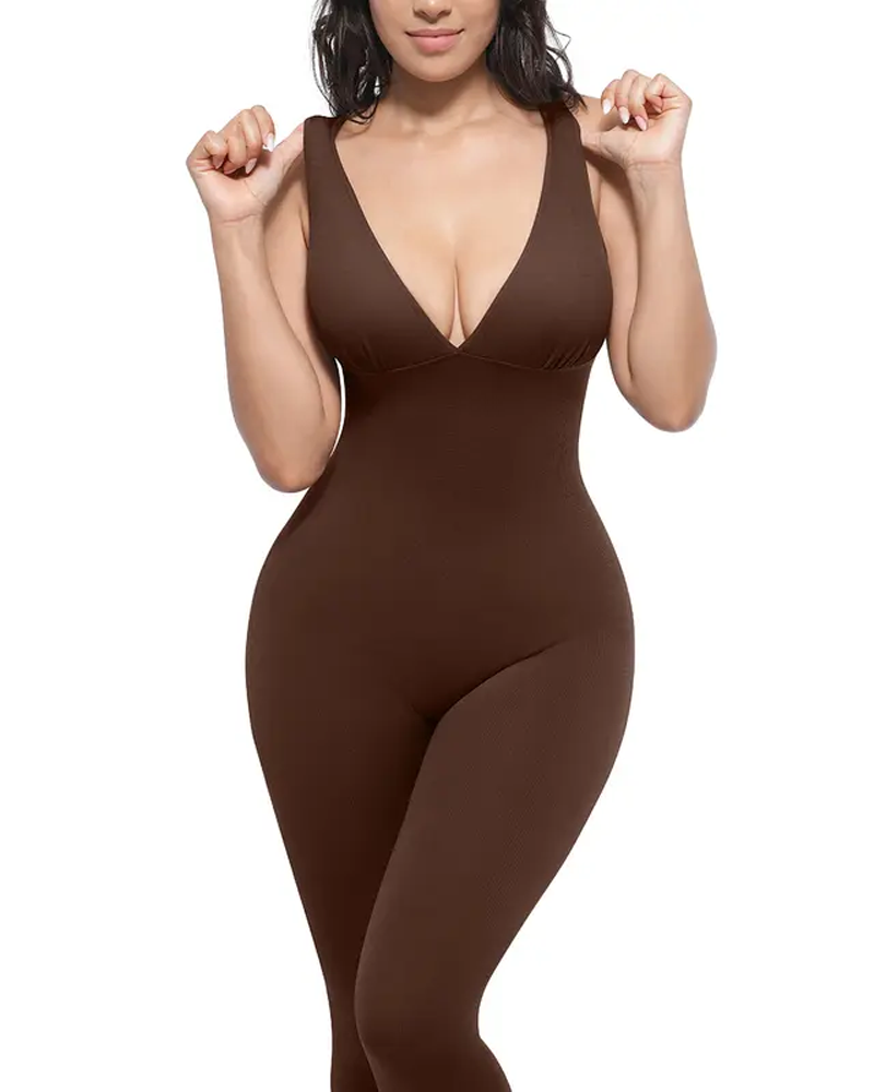 Deep V-Neck Breathable High-Waisted Tummy Control Body Shaping Bodysuit